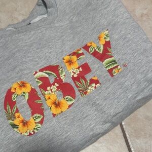 Obey Gray Sweatshirt with Red Floral Accents